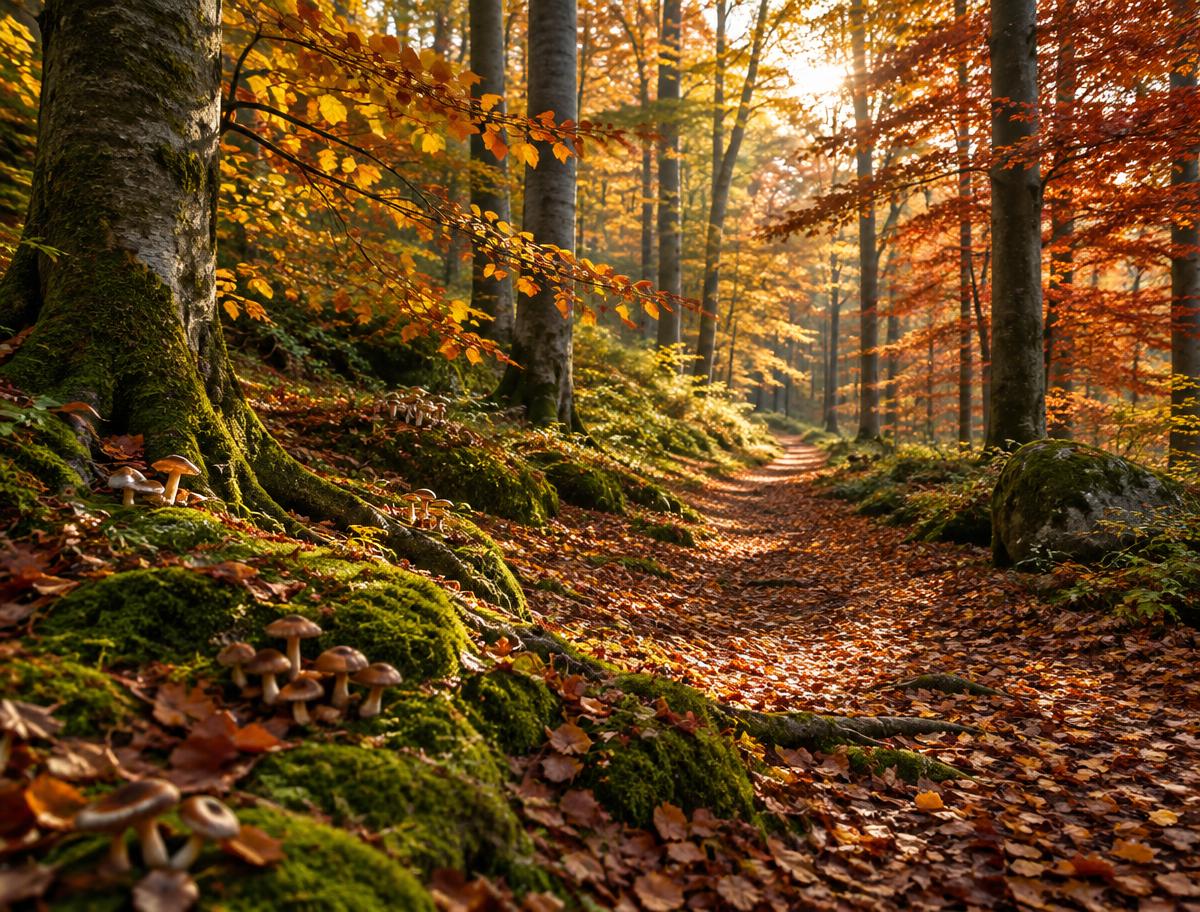 Autumn forest path in Germany with mushrooms and golden leaves