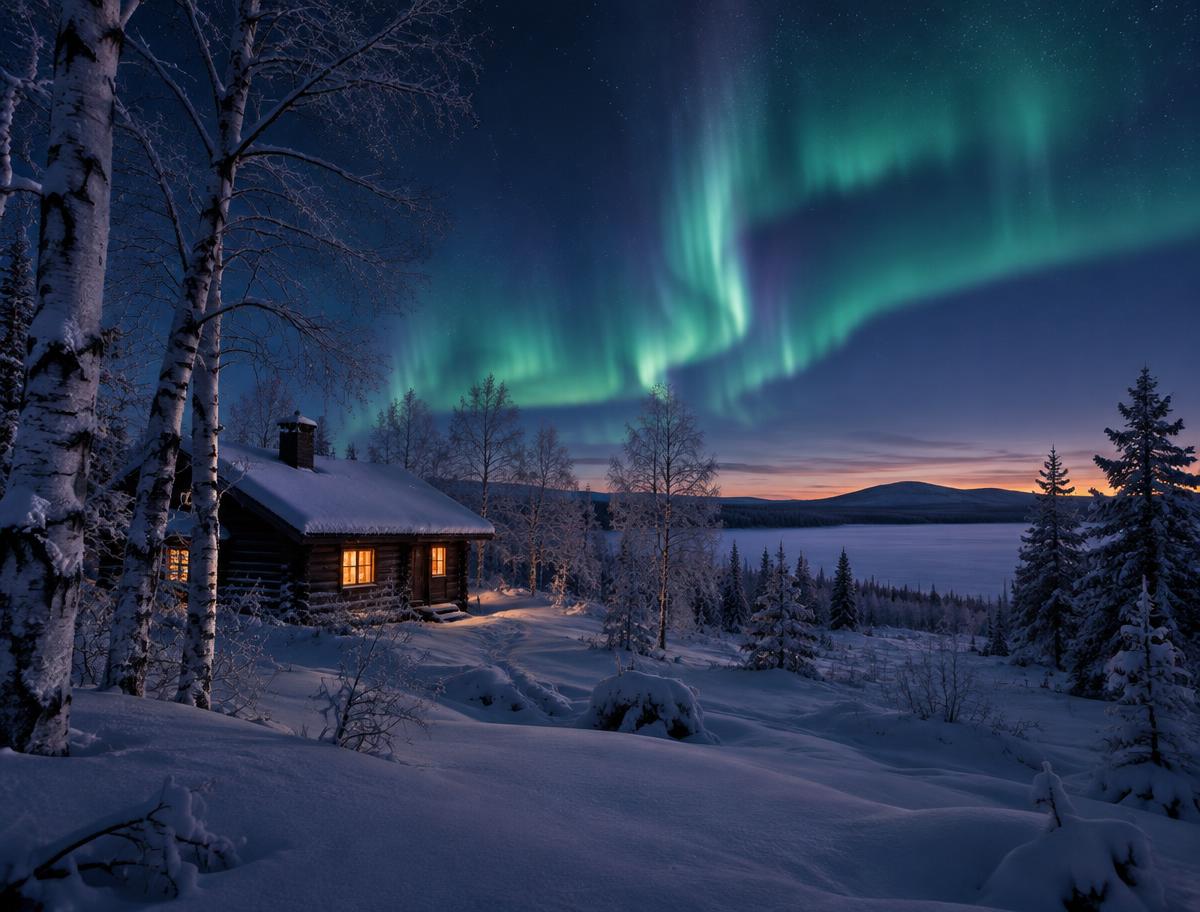 Snow-covered cabin in Lapland beneath the Northern Lights