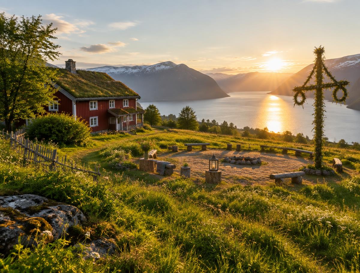 Norwegian farm overlooking mountains and water in summer light