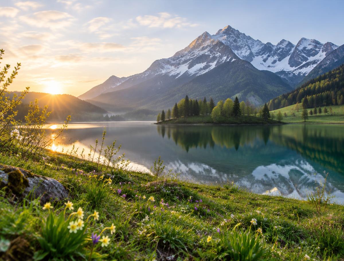 Alpine lake, meadow and mountain in Slovenia at springtime